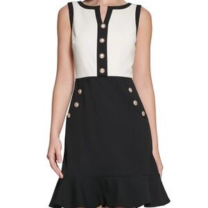 Karl Lagerfeld Paris Black & White Button Trim Ruffle Hem A-Line Dress Sz 8